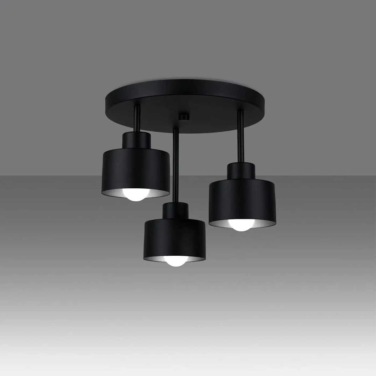 Plafonnier noir, trois abat-jour cylindres en acier, base ronde