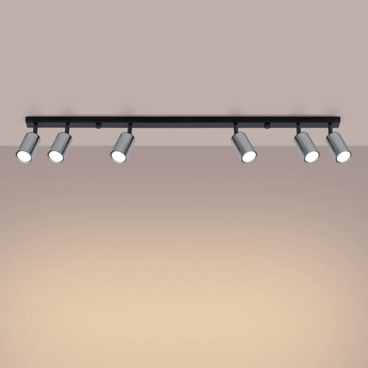 Plafonnier 6 spots orientables noir et chrome, rampe de 118 cm