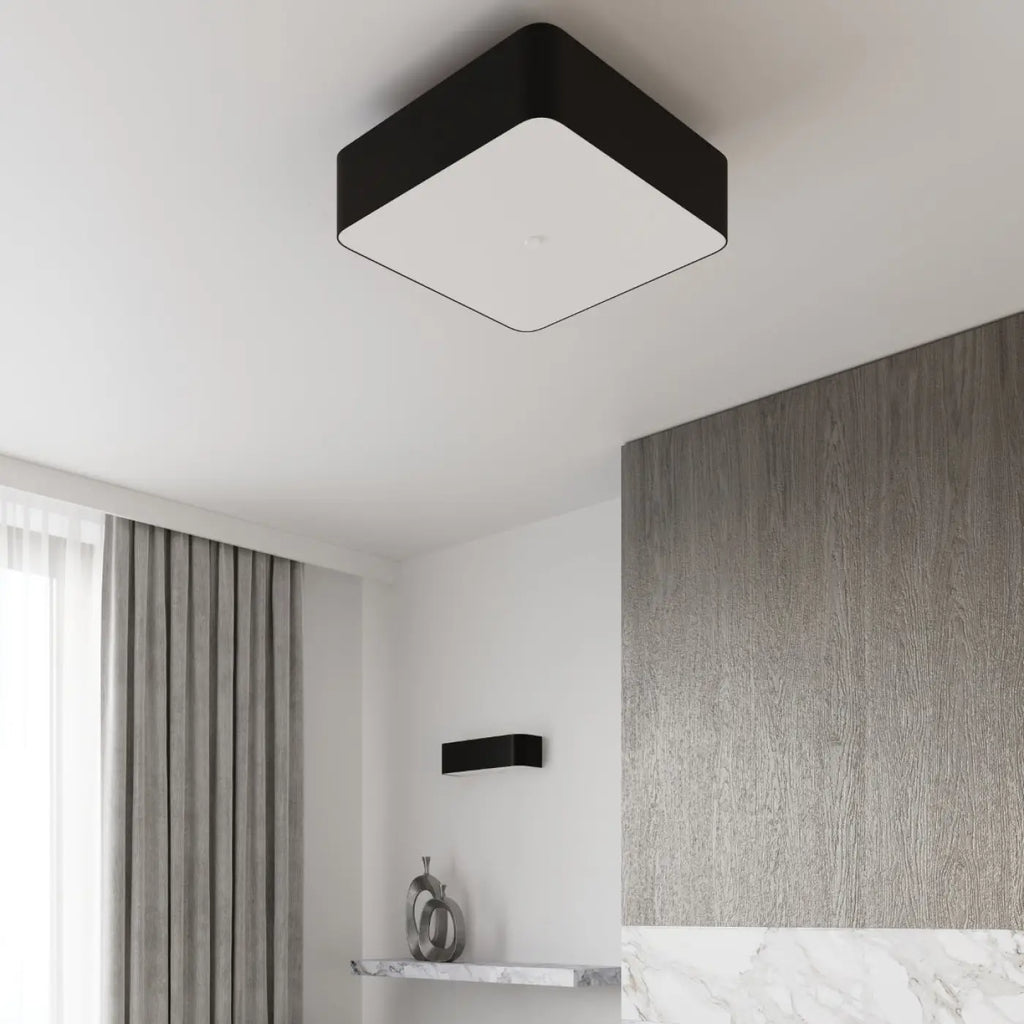 Plafonnier carré noir en tissu et verre, 45 cm, 5 ampoules E27