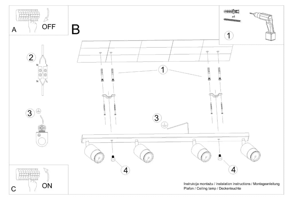Plafonnier barre 4 spots orientables noir à bagues dorées, 81 cm