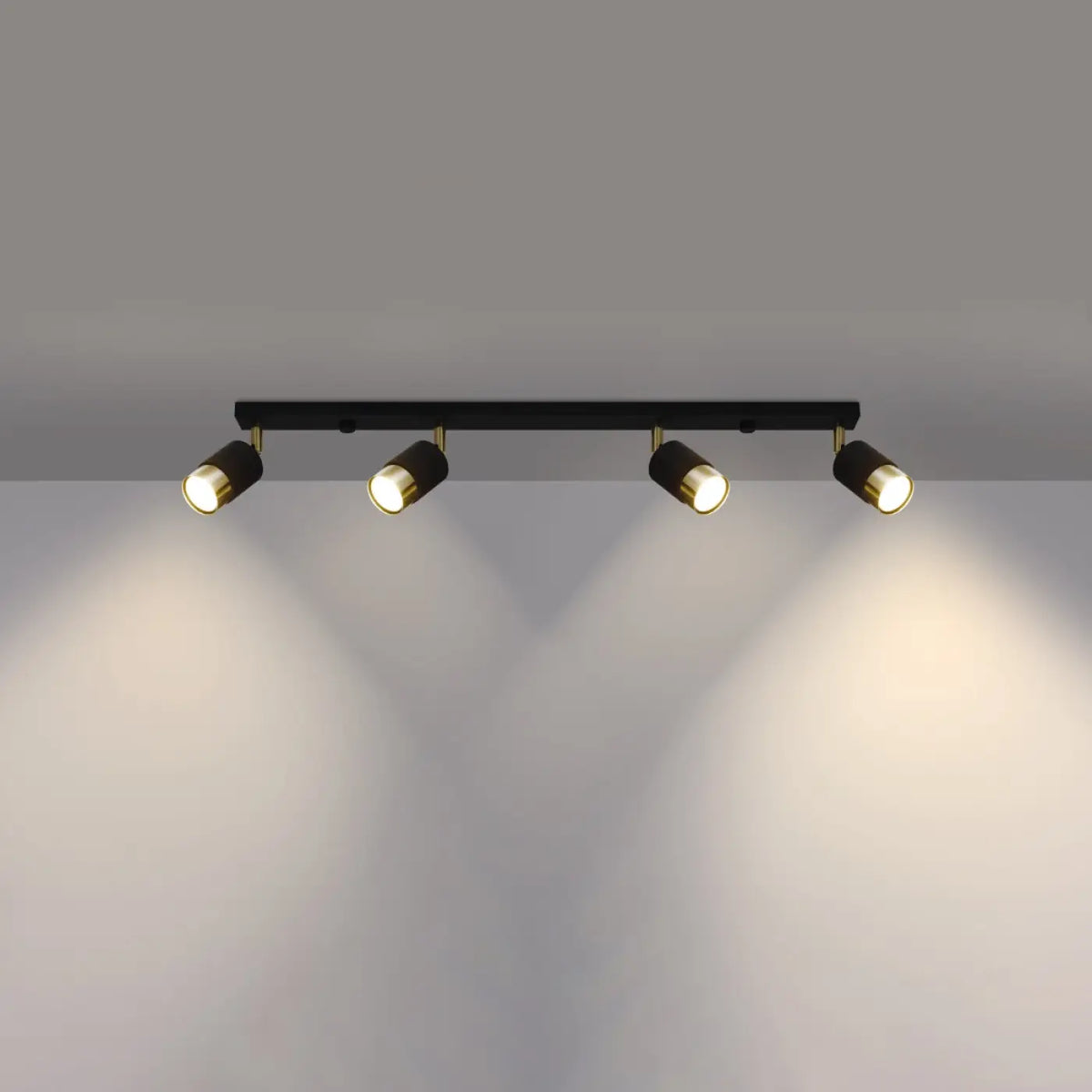 Plafonnier barre 4 spots orientables noir à bagues dorées, 81 cm