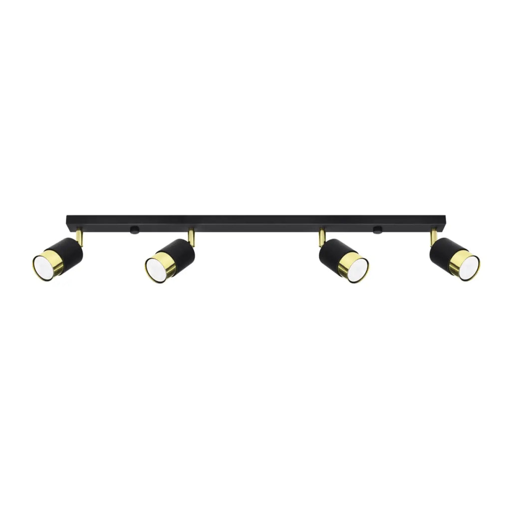 Plafonnier barre 4 spots orientables noir à bagues dorées, 81 cm