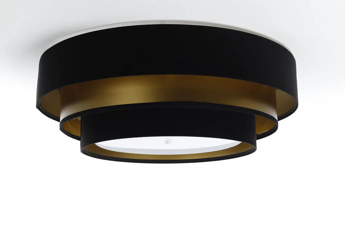 Plafonnier rond en tissu noir et doré, trois cercles, 60 cm