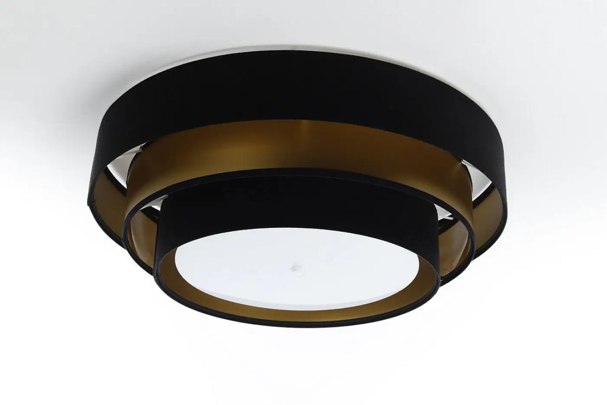 Plafonnier rond en tissu noir et doré, trois cercles, 60 cm