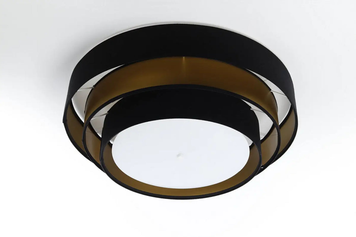 Plafonnier rond en tissu noir et doré, trois cercles, 60 cm