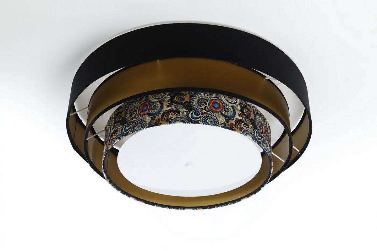 Plafonnier rond noir et doré avec cercle multicolore, 60 cm