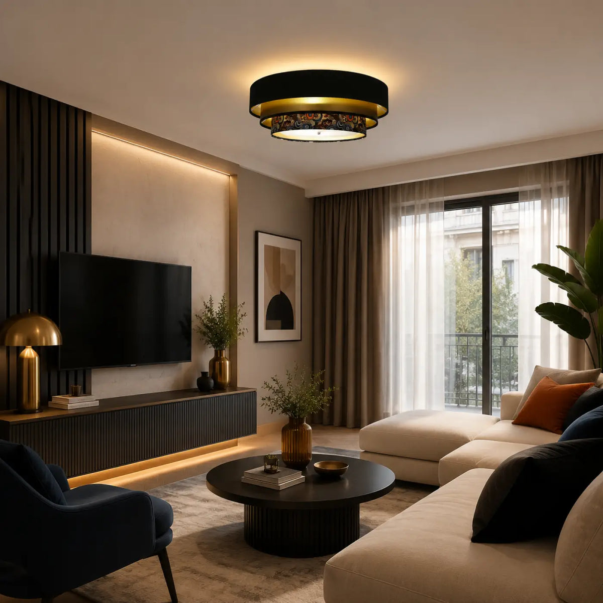Plafonnier rond noir et doré avec cercle multicolore, 60 cm