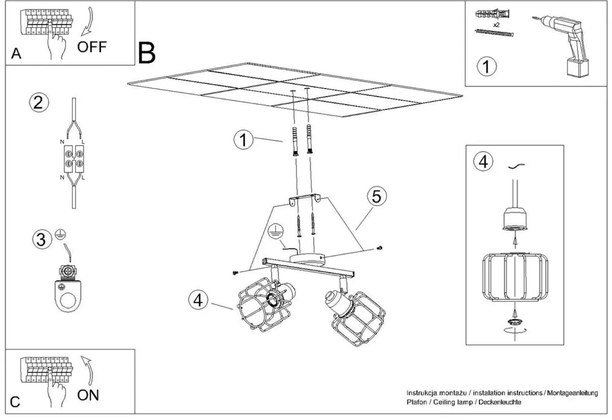Plafonnier 2 spots orientables à grilles, métal noir, 27 cm