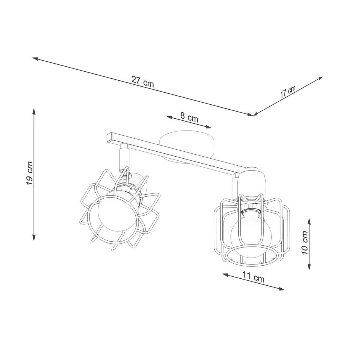 Plafonnier 2 spots orientables à grilles, métal noir, 27 cm