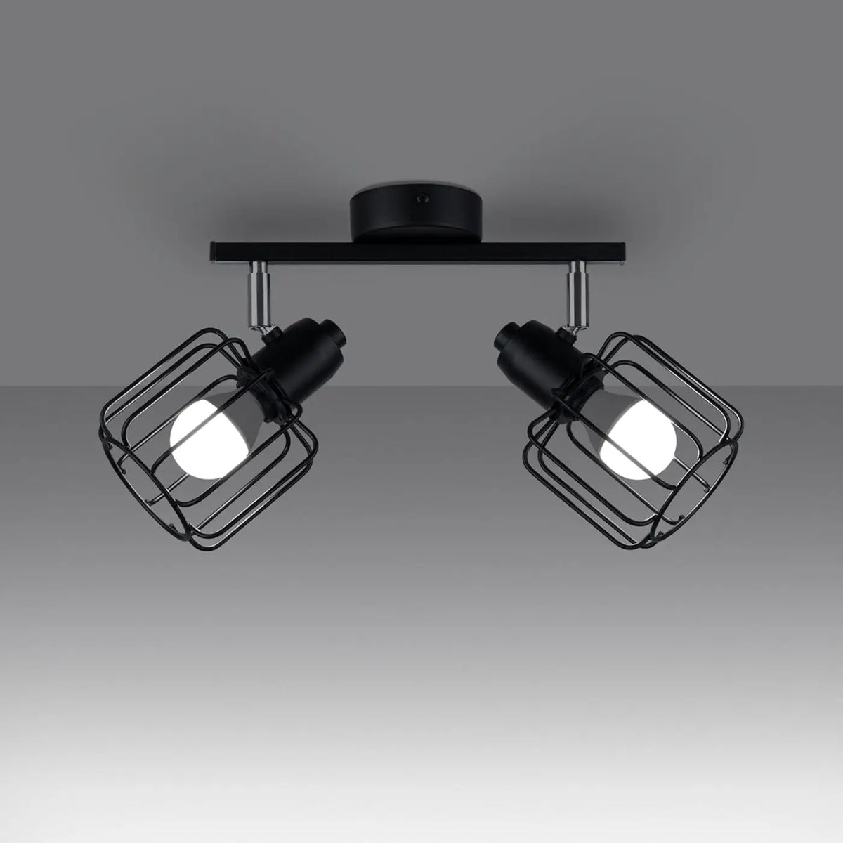 Plafonnier 2 spots orientables à grilles, métal noir, 27 cm