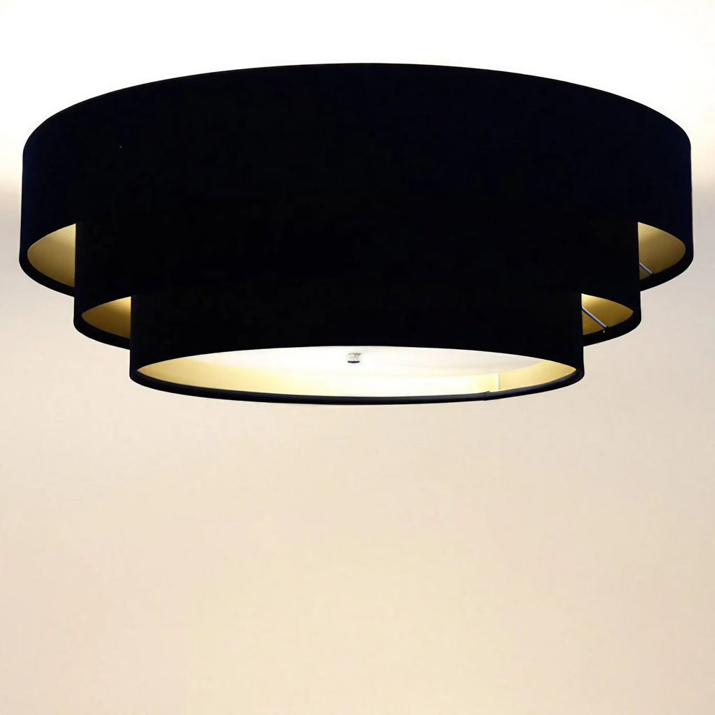 Plafonnier en velours noir, intérieur doré, trois cercles, 60 cm