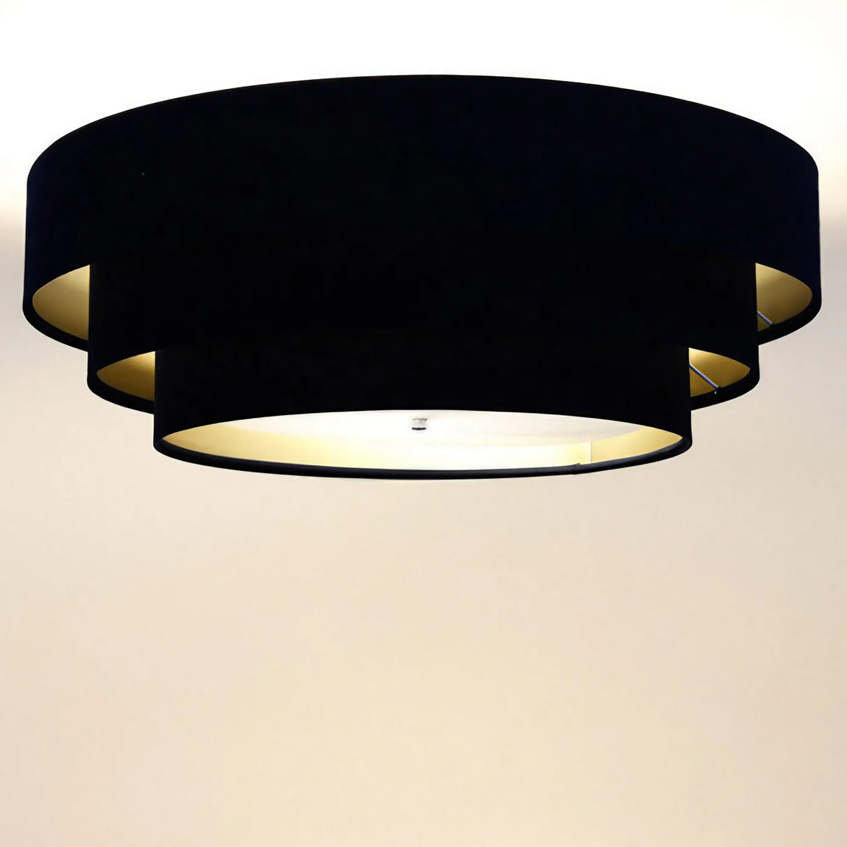 Plafonnier en velours noir, intérieur doré, trois cercles, 60 cm