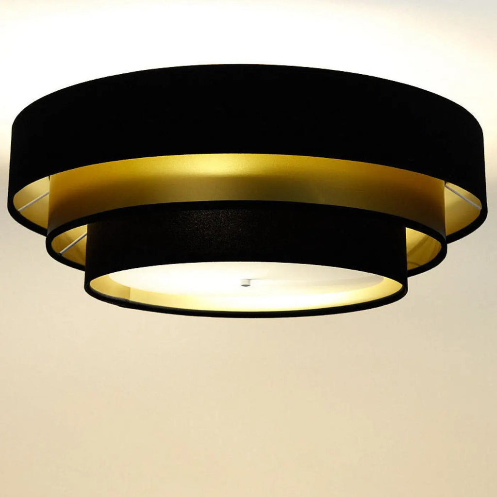 Plafonnier rond en tissu noir et doré, trois cercles, 60 cm
