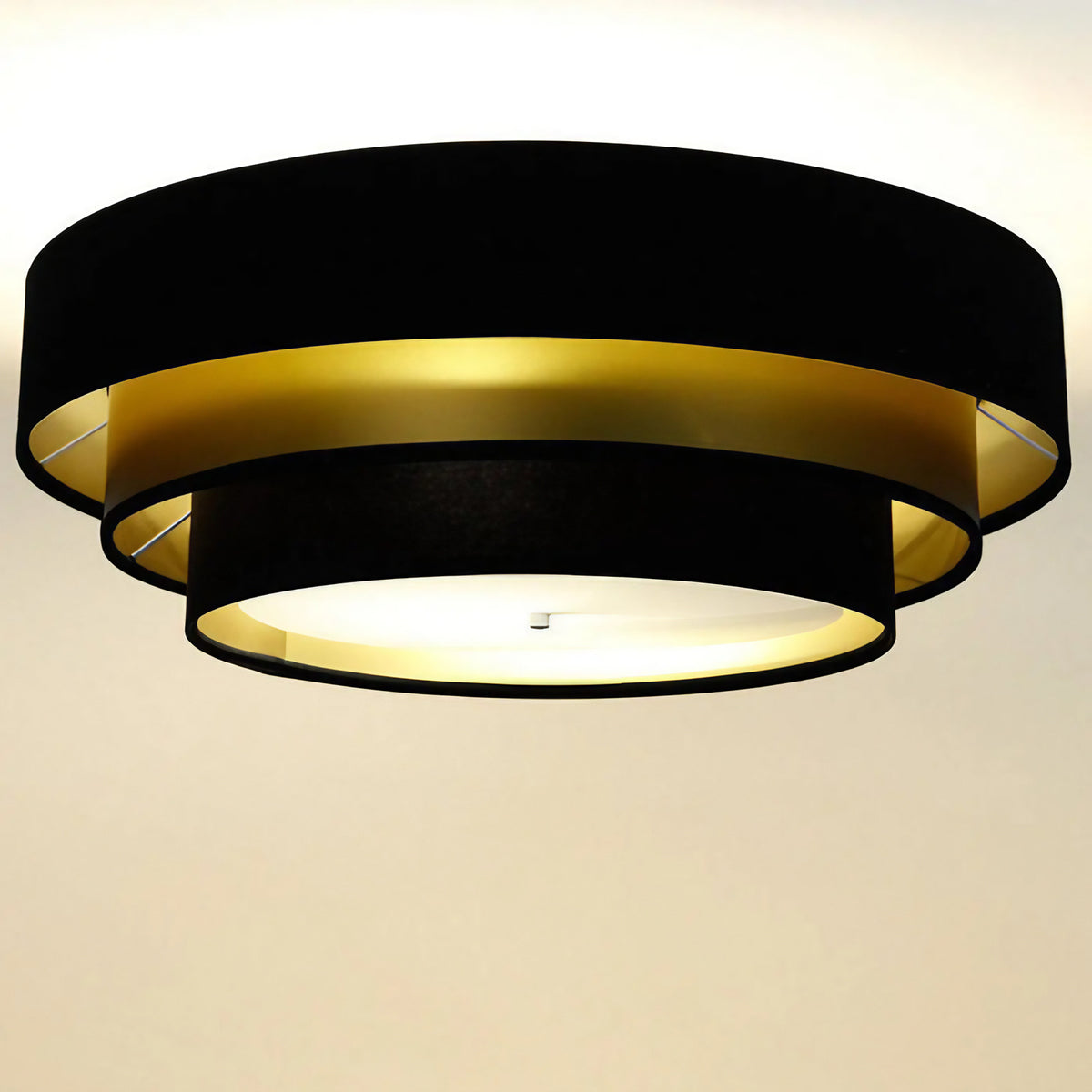 Plafonnier rond en tissu noir et doré, trois cercles, 60 cm