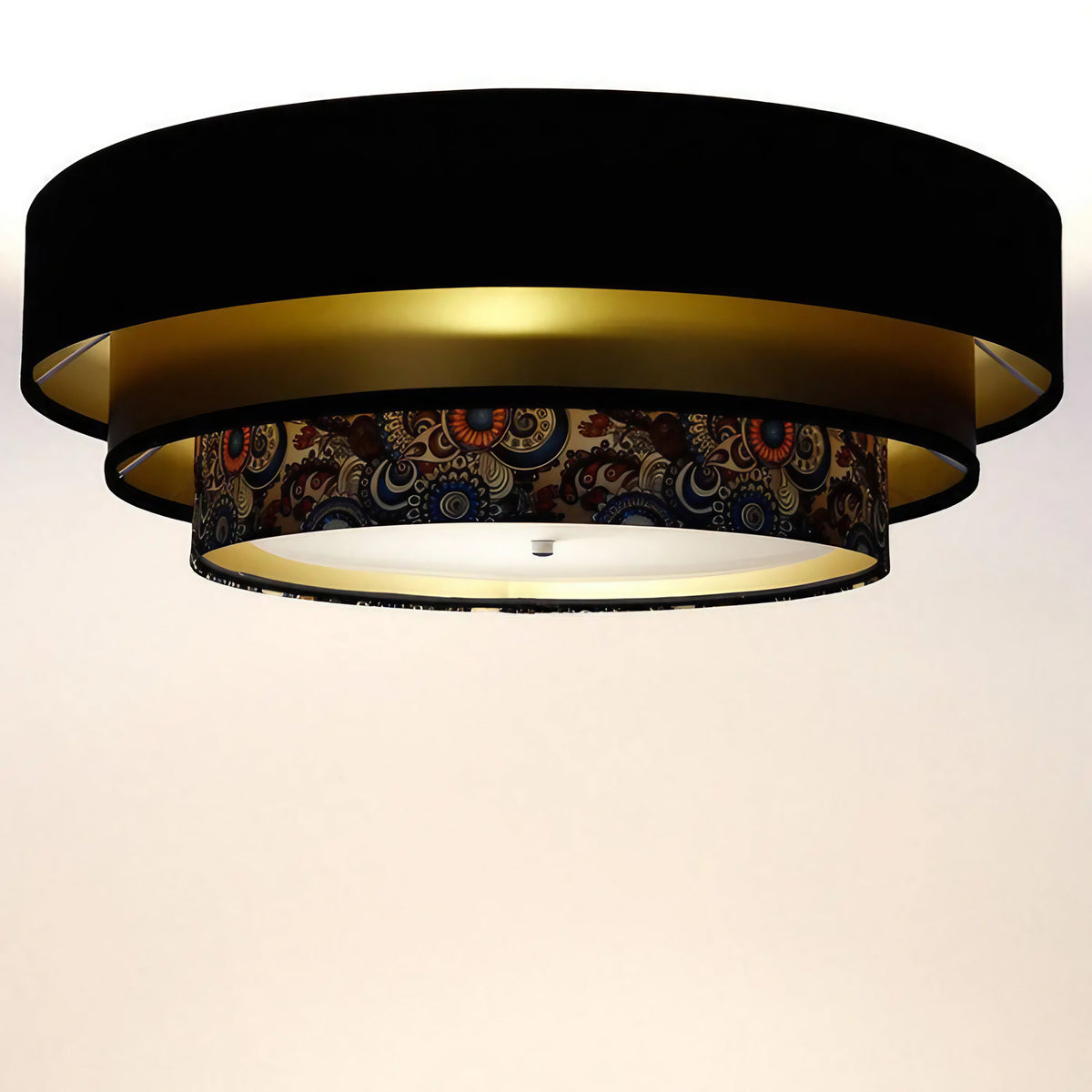 Plafonnier rond noir et doré avec cercle multicolore, 60 cm