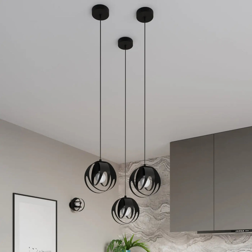 Plafonnier sphère ajourée en anneaux d'acier noir, culot E27