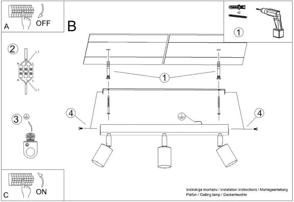 Plafonnier 3 spots orientables noir et doré, barre de 45 cm