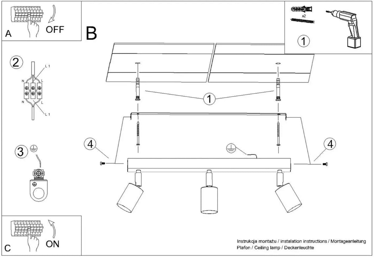 Plafonnier 3 spots orientables noir et doré, barre de 45 cm