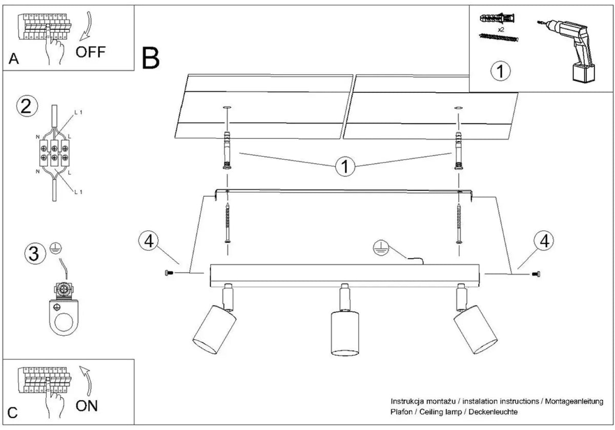 Plafonnier 3 spots orientables noir et cuivre, barre de 45 cm