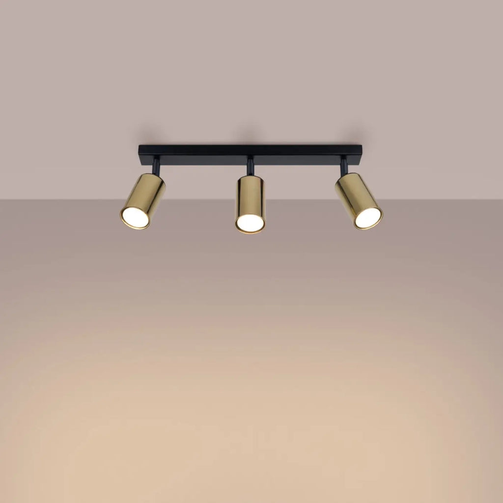 Plafonnier 3 spots orientables noir et doré, barre de 45 cm