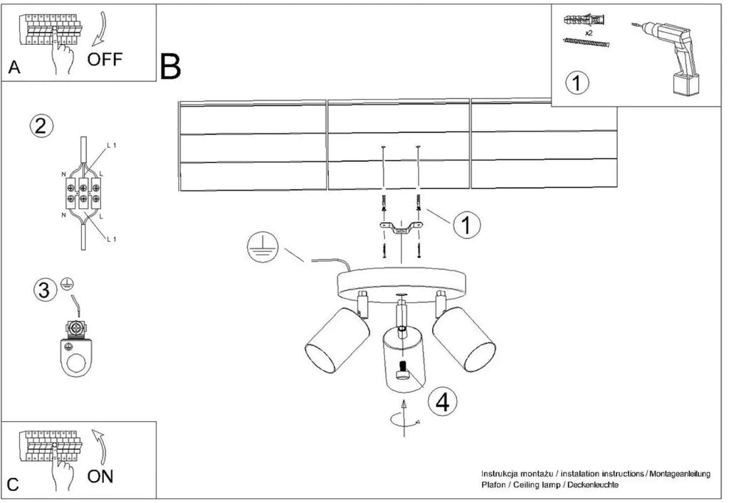 Plafonnier 3 spots orientables noir et cuivre, rosace ronde