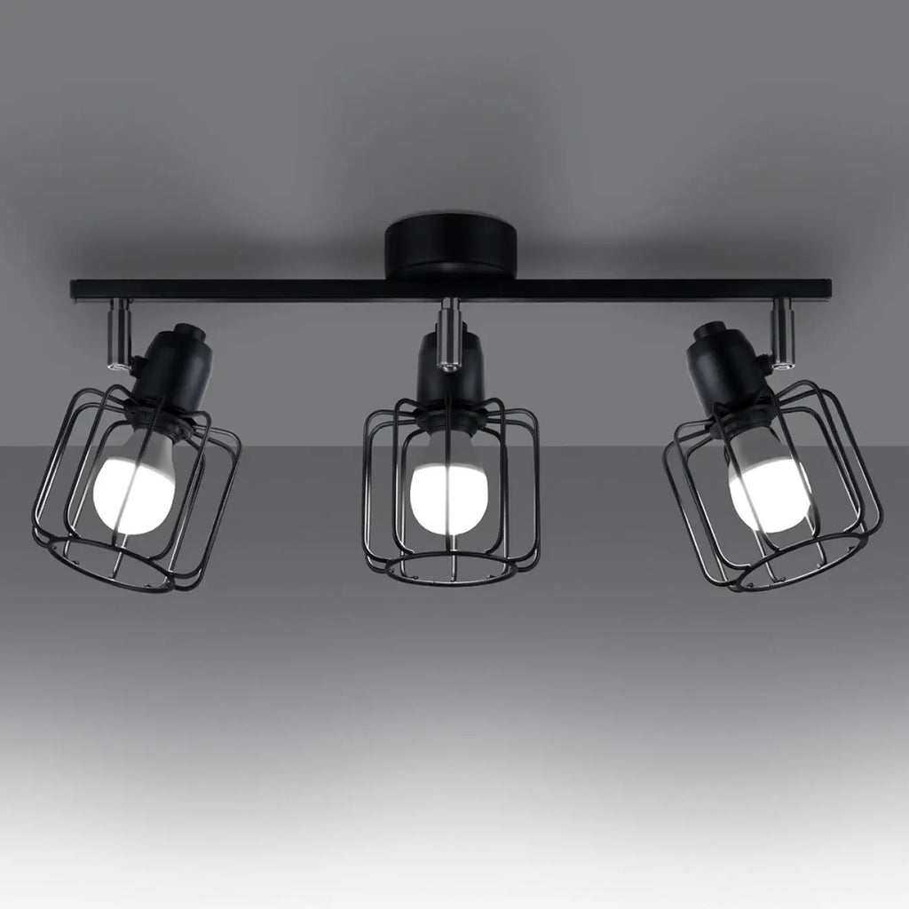 Plafonnier 3 spots orientables à grilles, métal noir, 48 cm