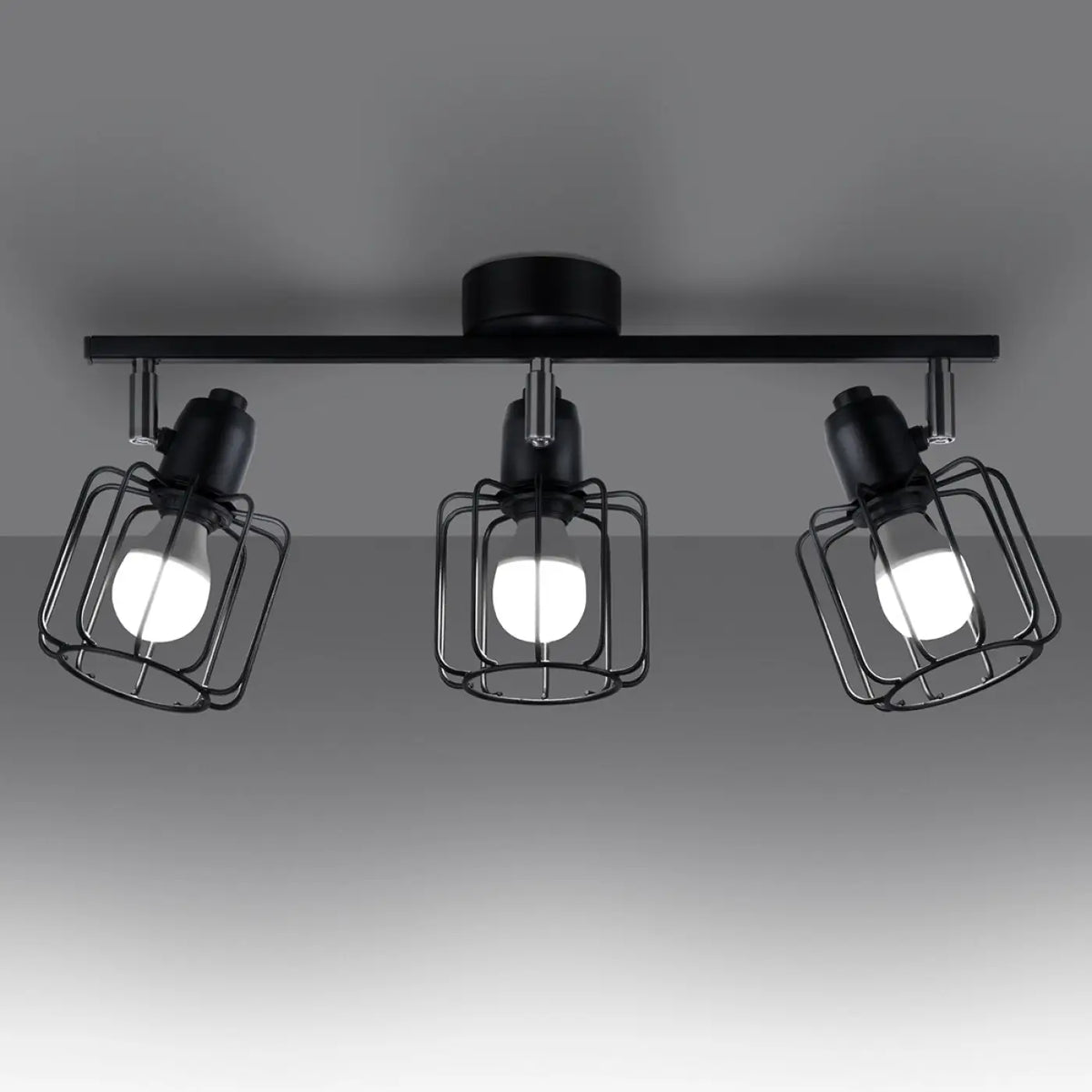 Plafonnier 3 spots orientables à grilles, métal noir, 48 cm