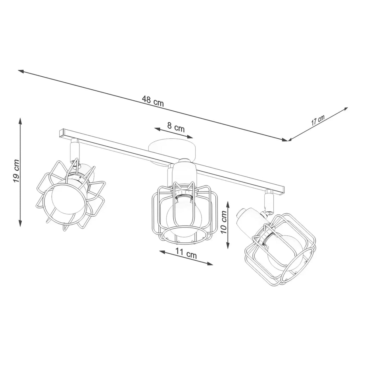 Plafonnier 3 spots orientables à grilles, métal noir, 48 cm