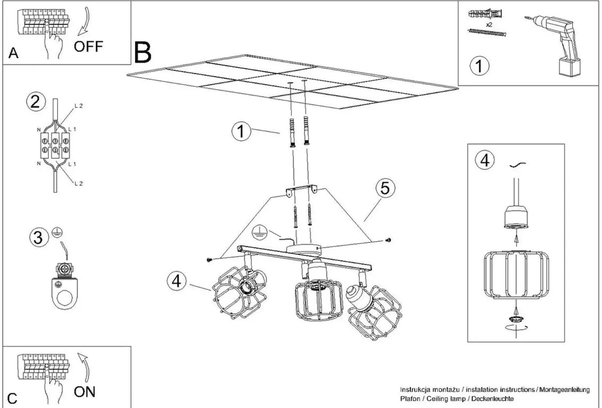 Plafonnier 3 spots orientables à grilles, métal noir, 48 cm