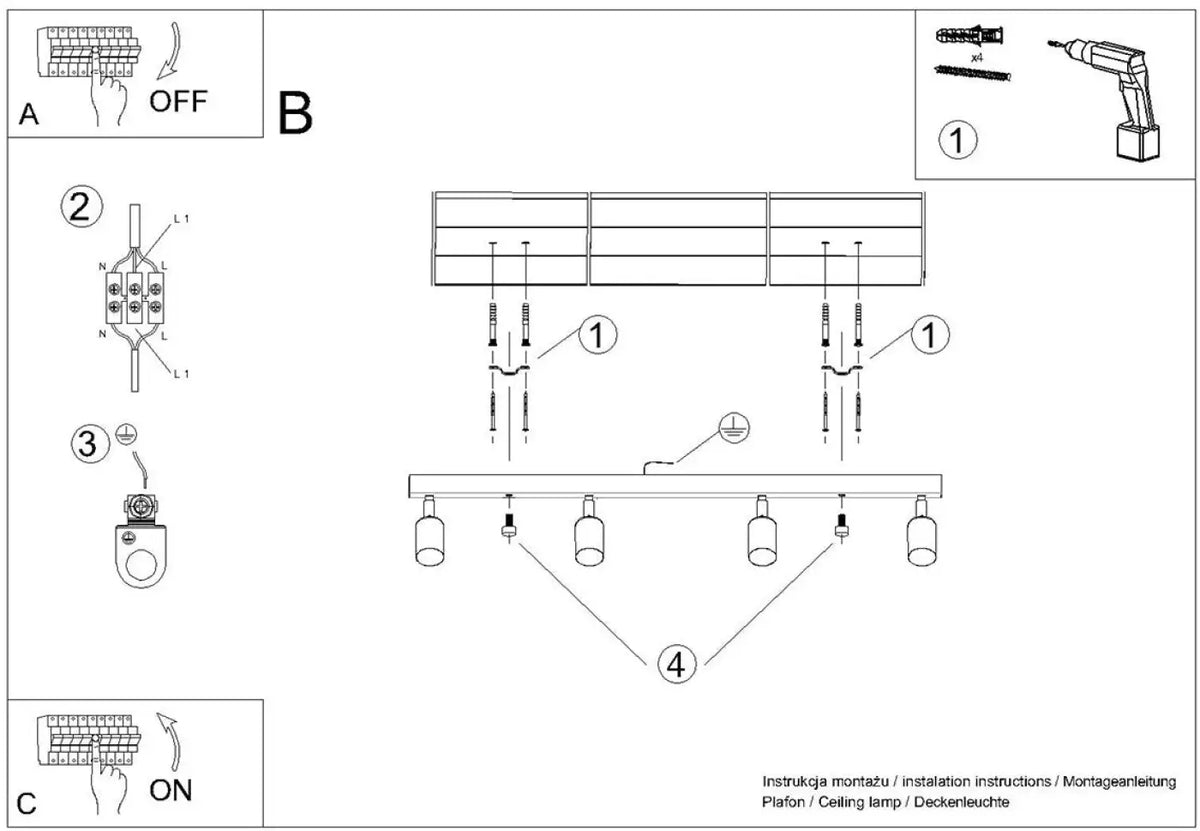 Plafonnier 4 spots orientables noir et doré, rampe de 82 cm