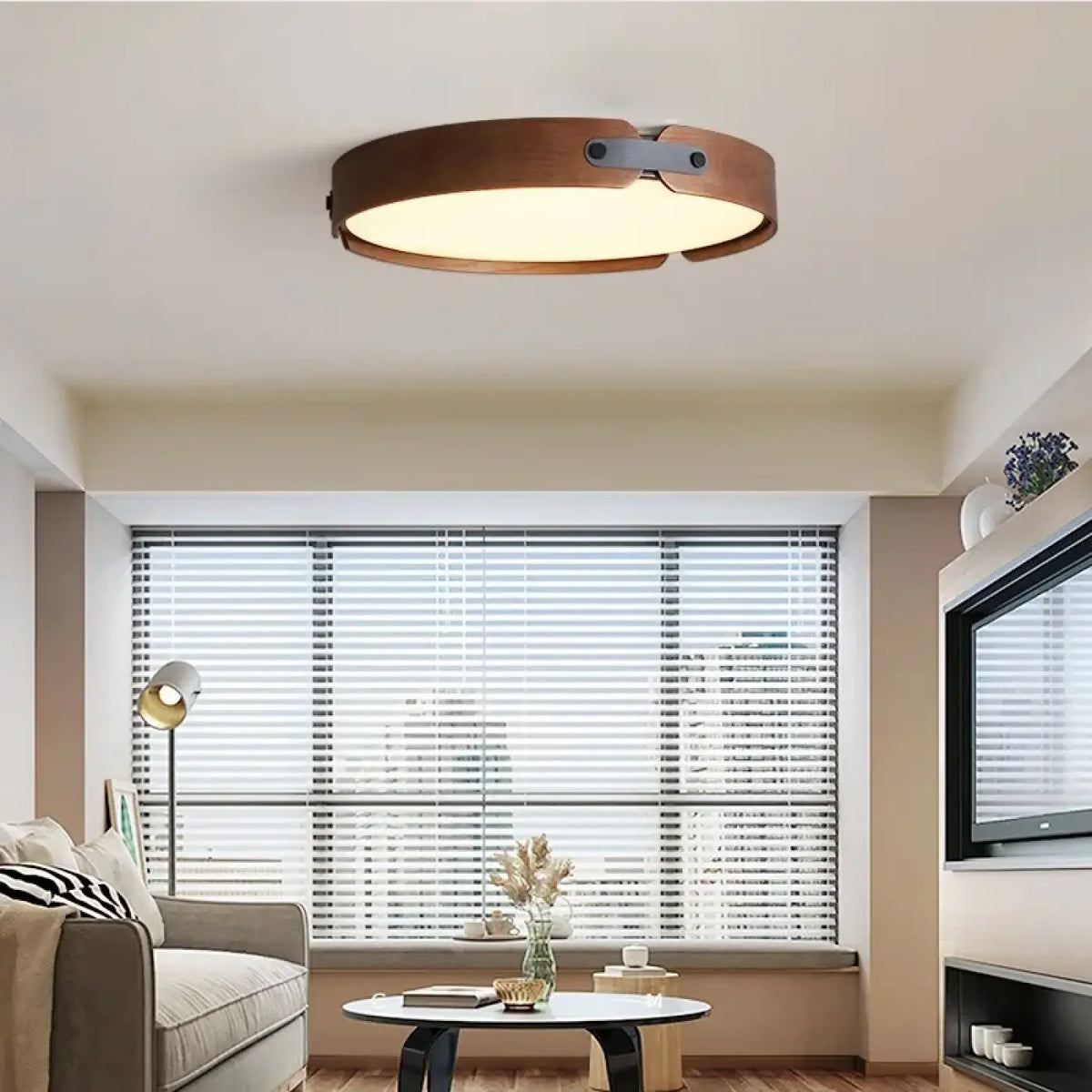 Plafonnier rond en bois à sangles décoratives, LED, trois tailles