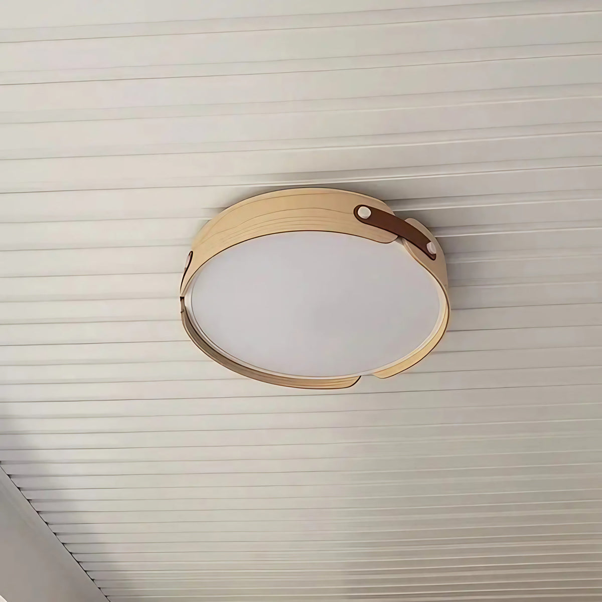 Plafonnier rond en bois à sangles décoratives, LED, trois tailles, beige