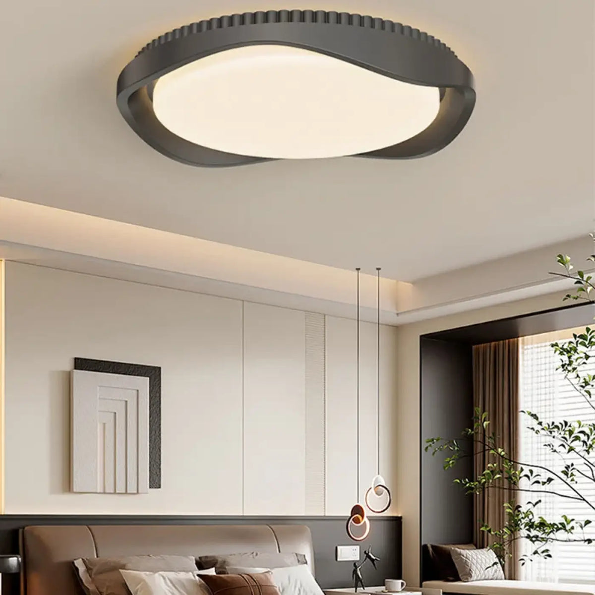 Plafonnier rond effet bois, marron ou noir, noir