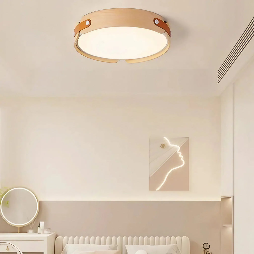 Plafonnier rond en bois à sangles décoratives, LED, trois tailles