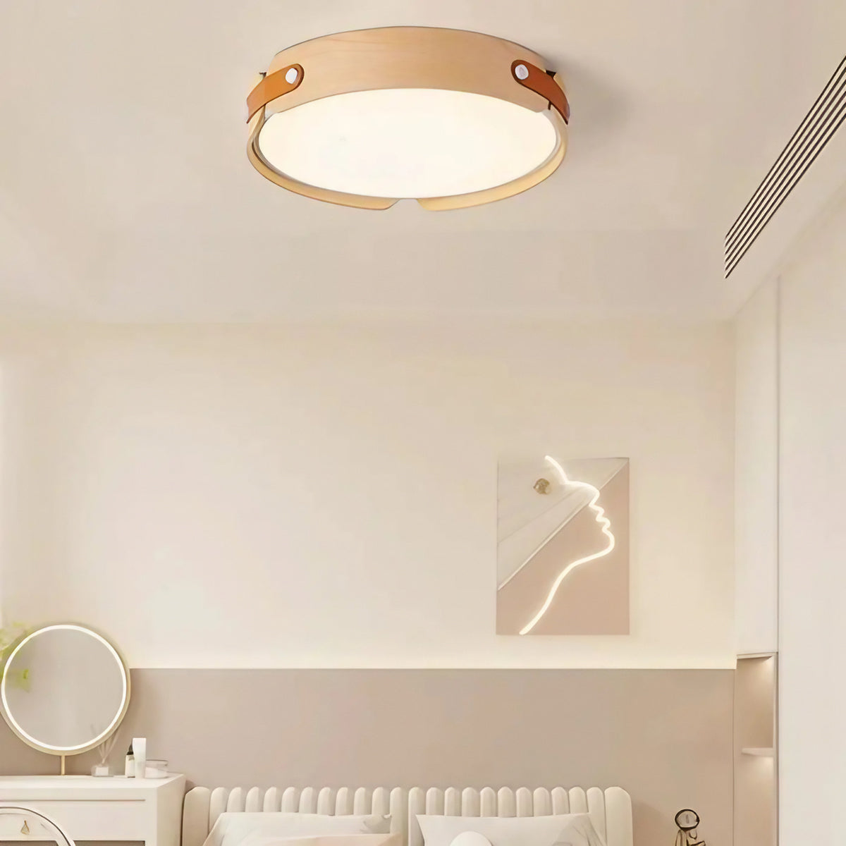 Plafonnier rond en bois à sangles décoratives, LED, trois tailles