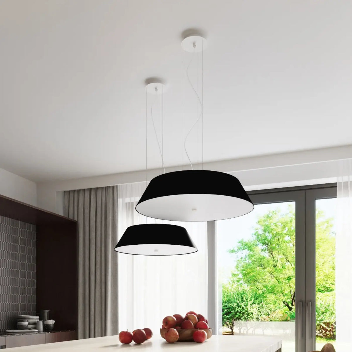 Plafonnier rond noir à grand abat-jour en tissu, 60 cm