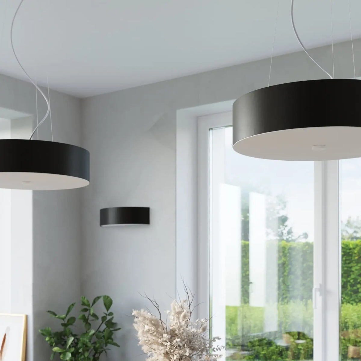 Grand plafonnier rond noir en tissu et verre, 100 cm, 6 ampoules
