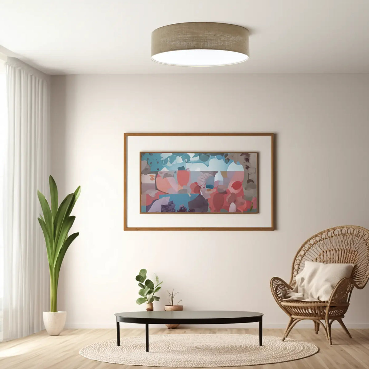 Plafonnier rond en tissu taupe, quatre diamètres