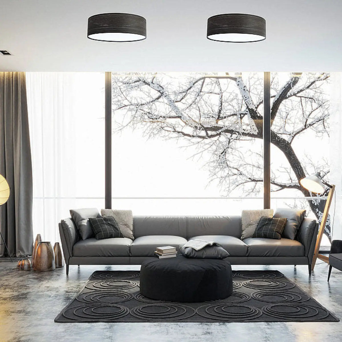 Plafonnier rond en tissu noir rayé, fil argenté, 50 cm