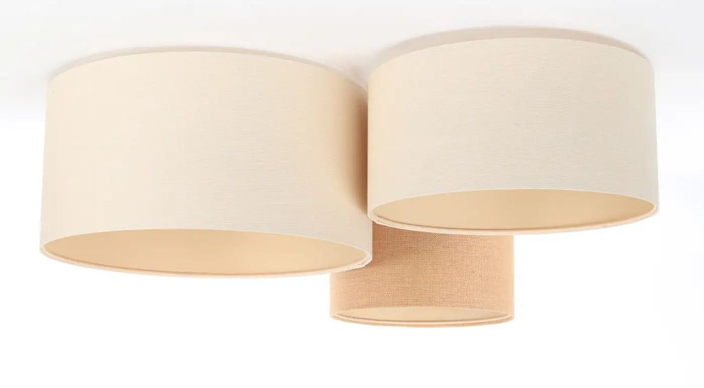 Plafonnier 3 abat-jour en tissu crème et caramel