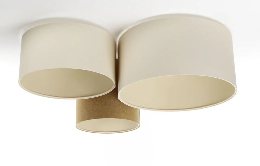 Plafonnier 3 cylindres en tissu moutarde et crème, 92 cm de large