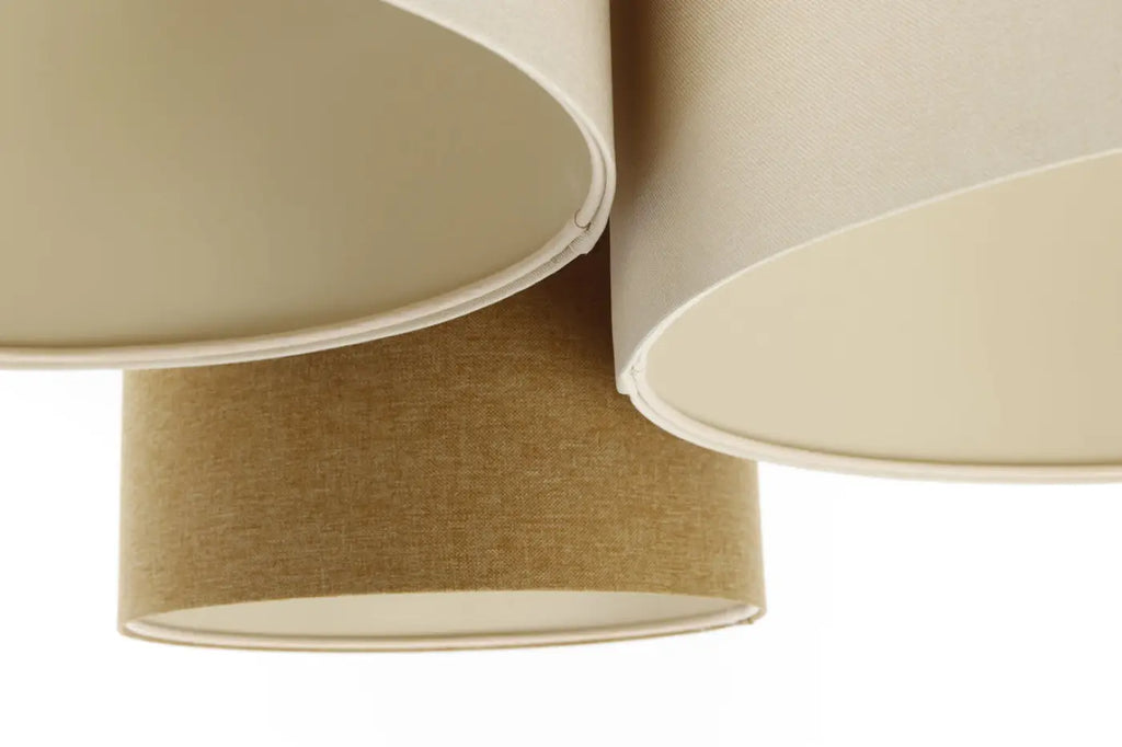 Plafonnier 3 cylindres en tissu moutarde et crème, 92 cm de large