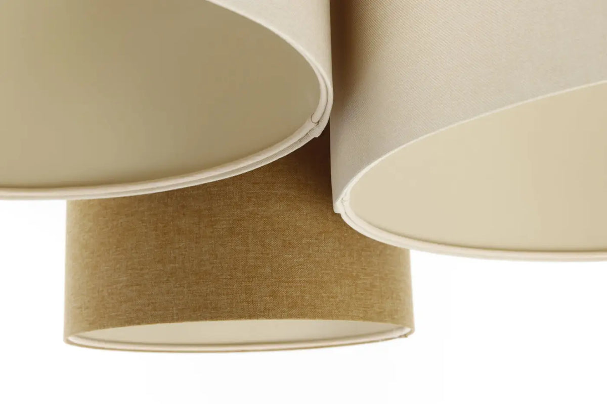 Plafonnier 3 cylindres en tissu moutarde et crème, 92 cm de large