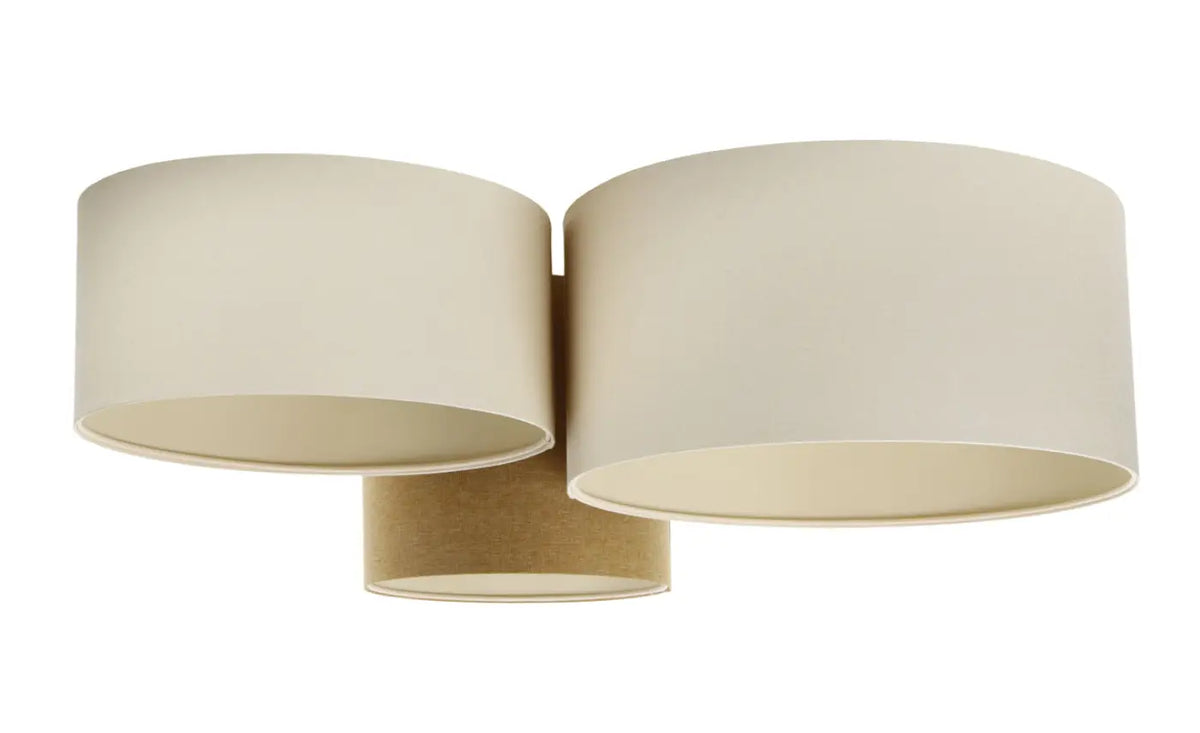 Plafonnier 3 cylindres en tissu moutarde et crème, 92 cm de large