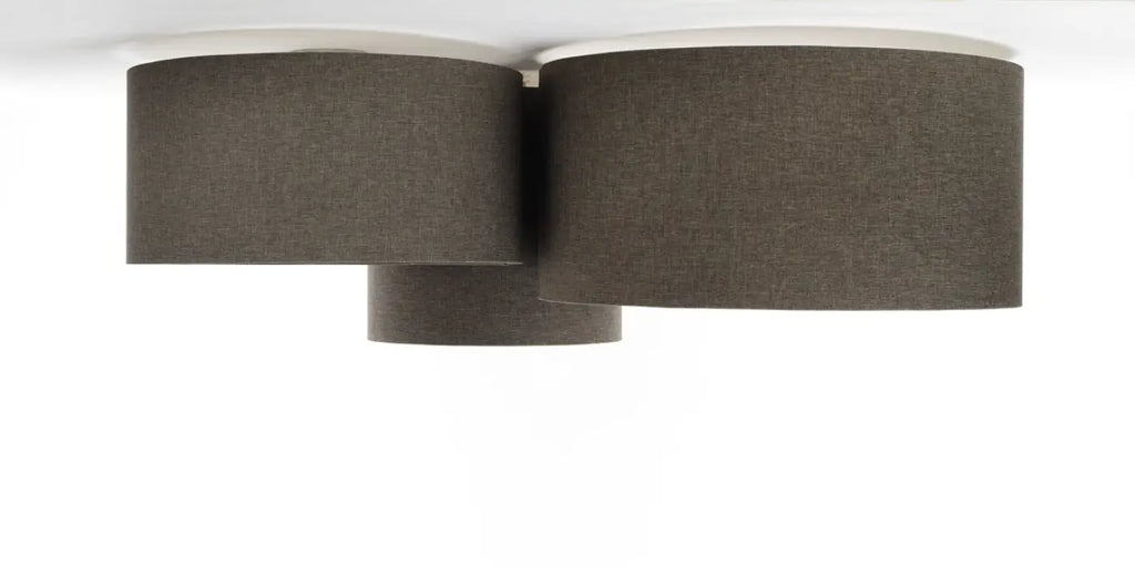 Plafonnier 3 cylindres en tissu marron gris et écru, 92 cm