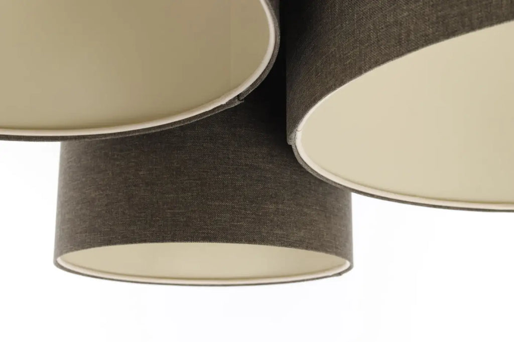 Plafonnier 3 cylindres en tissu marron gris et écru, 92 cm