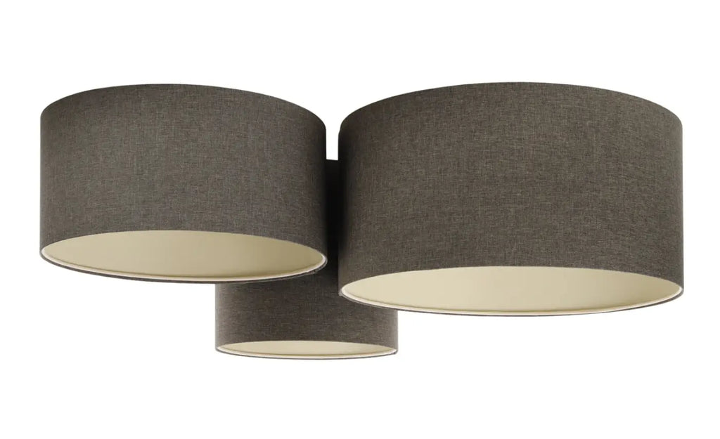 Plafonnier 3 cylindres en tissu marron gris et écru, 92 cm