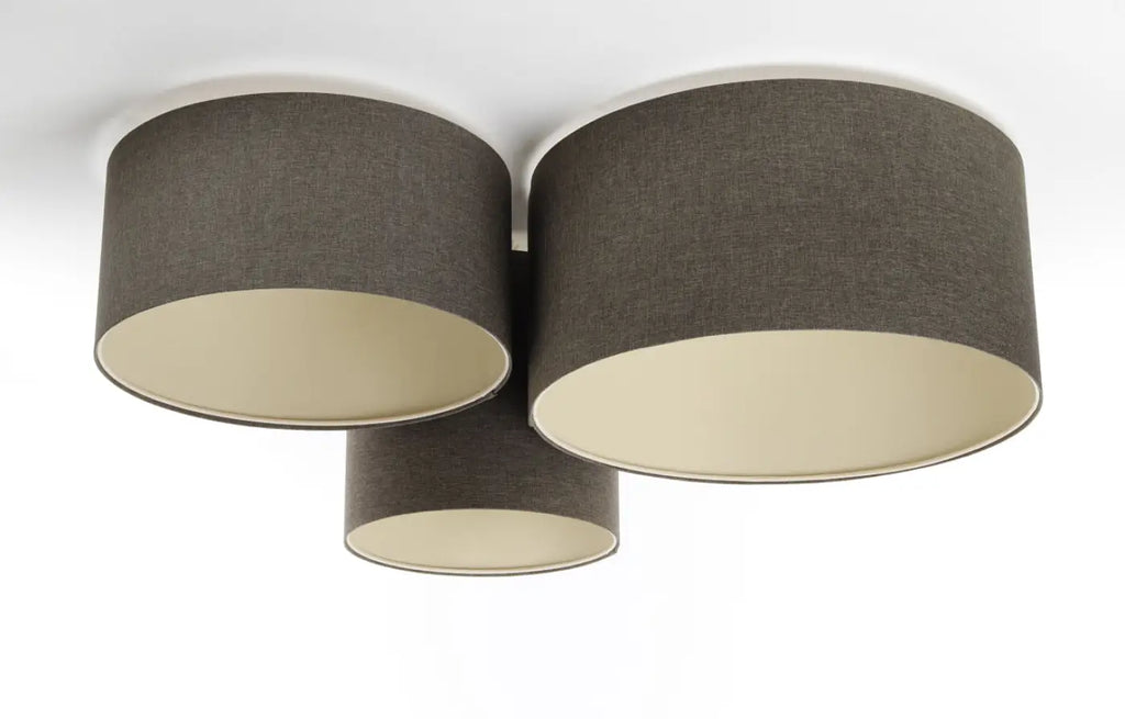 Plafonnier 3 cylindres en tissu marron gris et écru, 92 cm