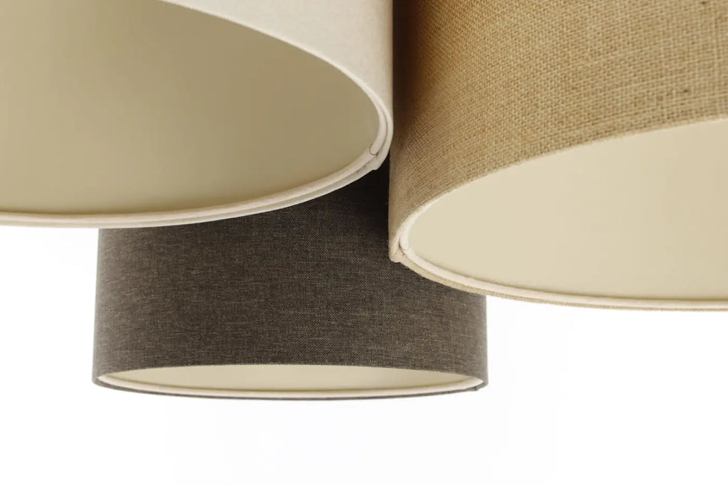 Plafonnier 3 abat-jour en tissu crème, beige, graphite et écru