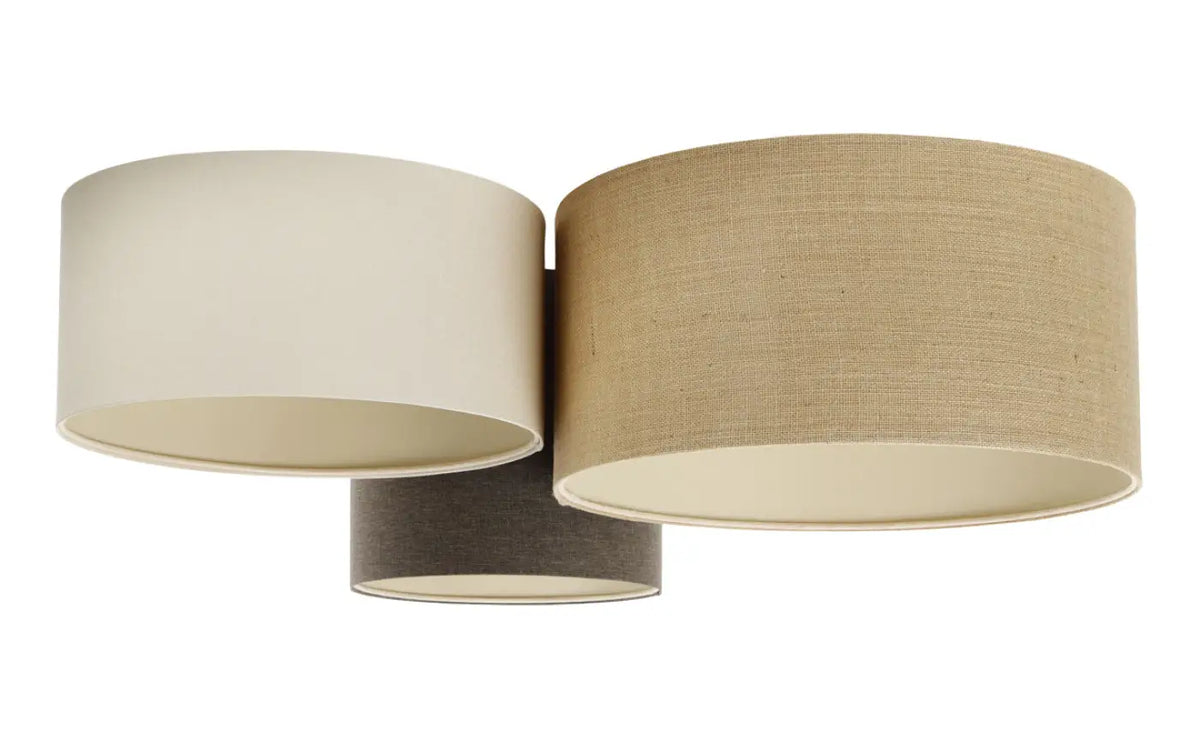 Plafonnier 3 abat-jour en tissu crème, beige, graphite et écru